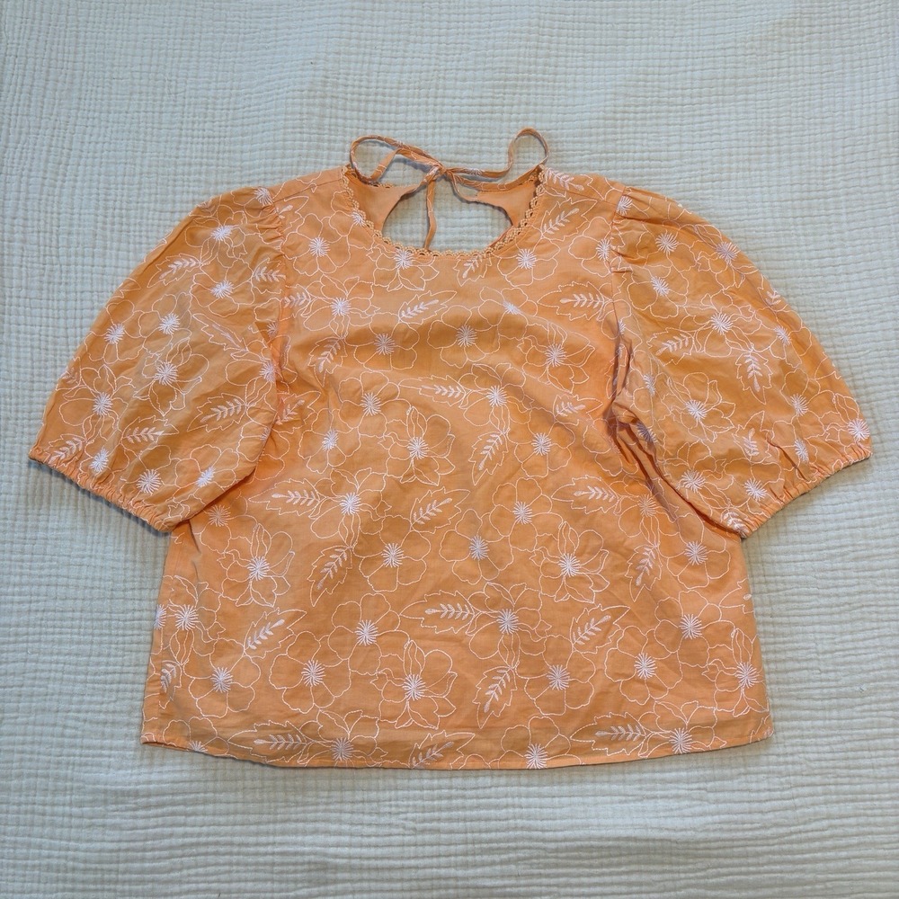 LOFT Puff Sleeve Top Women's Medium Embroidered Floral Garden Preppy Cottagecore